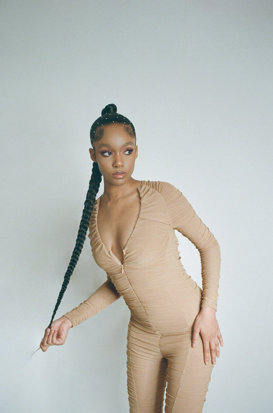 Ruched Nude Long Sleeve Jumpsuit
