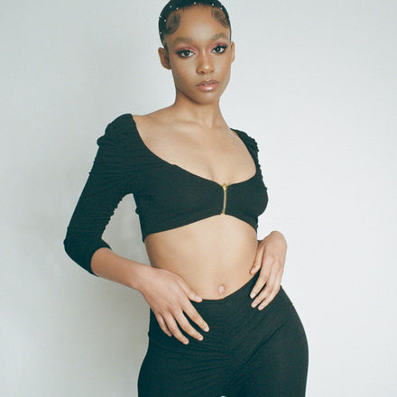 Ruched Zip Front Crop Top – Black