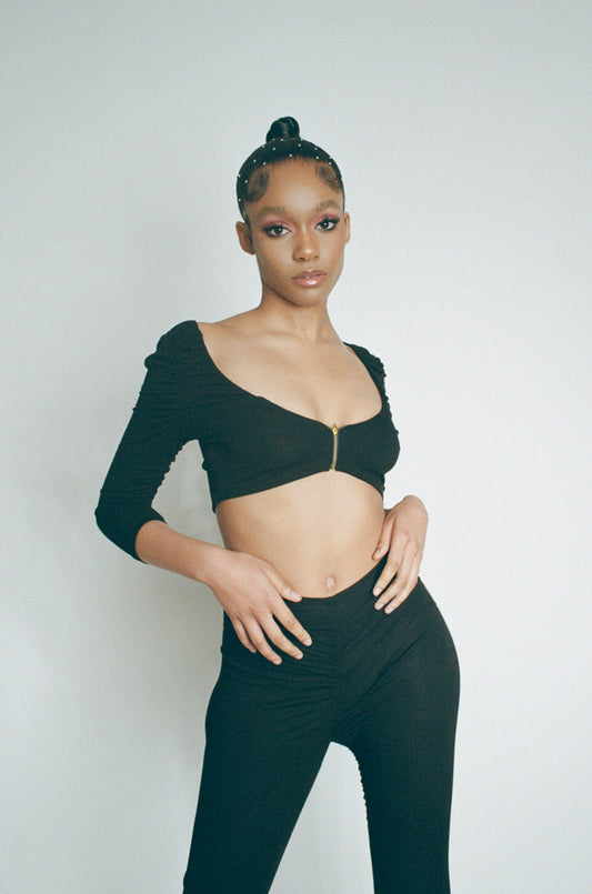 Ruched Zip Front Crop Top – Black